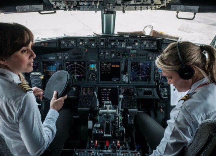 Two pilots at work on the flight deck of an airliner